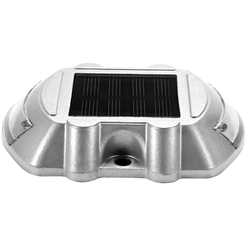 Solar Driveway Lights 12 Pack With 6 LED Per Light, Hella Bright White Beams, Waterproof Aluminum Housing, Silver Finish.