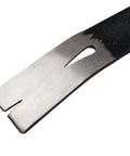 Close-up of the flat end of a 15 Inch Crow Bar Tool For Prying, Scraping, Lifting And Nail Pulling, Beefy Heavy Duty Steel Wonder Bar.