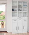 A tall white cabinet with glass doors and drawers in a bright room, featuring metal pull handles, viewed with a dog outside a glass door.