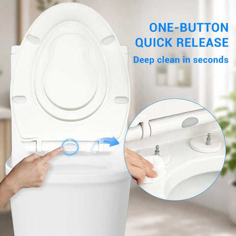 Hassle Free Quick Swap Elongated Toilet Seat With Built In Toddler Potty Chair And Silent Soft Close Hinges with quick release feature.