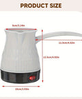 White Portable 500ml Turkish Style Coffee Pot Water Kettle with 600W Fast Heating and long handle, shown with dimensions.