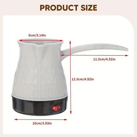 White Portable 500ml Turkish Style Coffee Pot Water Kettle with 600W Fast Heating and long handle, shown with dimensions.