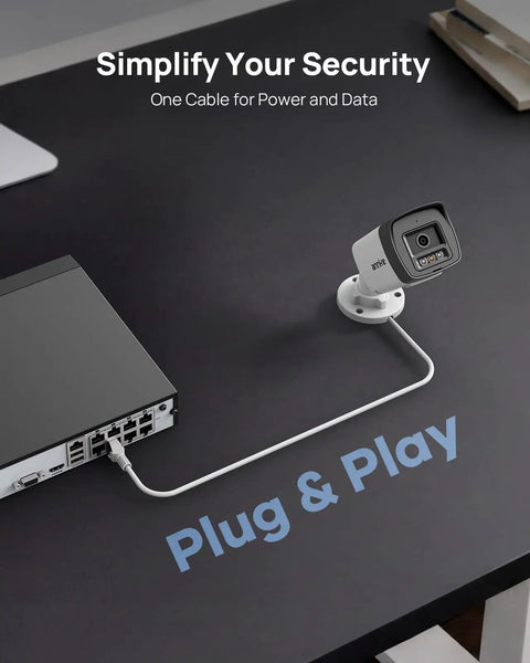 5MP All In One Security Camera System With Two Way Audio, 16 Channel NVR, camera connected to NVR on desk