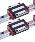 Smooth Ride 20mm Flange Linear Guide Rail Kit Featuring Four Knockout Hgw20Cc Sliders Paired With Two Top Shelf Hgr20 Steel Tracks close-up view of sliders on rail.