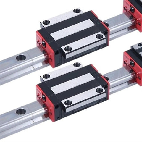 Smooth Ride 20mm Flange Linear Guide Rail Kit Featuring Four Knockout Hgw20Cc Sliders Paired With Two Top Shelf Hgr20 Steel Tracks close-up view of sliders on rail.