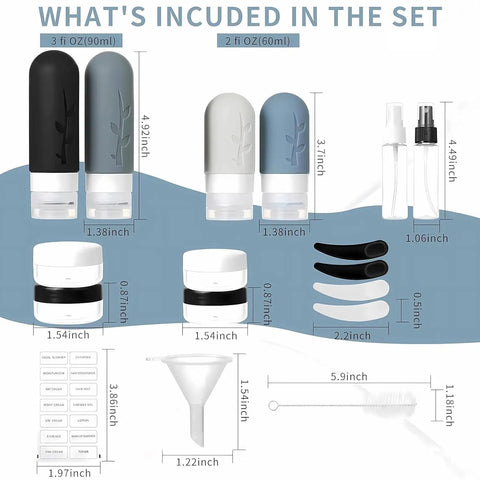 Image of Must Have 18 Pack Travel Bottles Set With TSA Approved Silicone Containers, includes 3 oz and 2 oz bottles, cream jars, funnels.