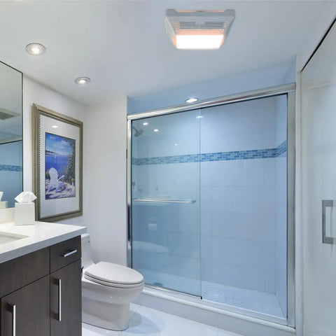 Super Quiet 90 CFM Bathroom Exhaust Fan With Built In LED Light in a modern bathroom ceiling, white grill visible