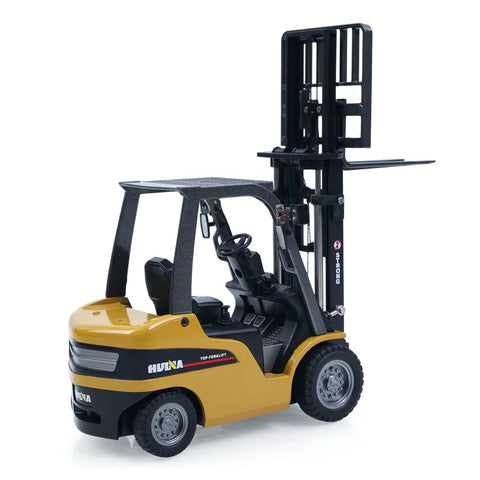 Mini Warehouse RC Forklift Model 9925 With Realistic Light And Sound Effects Precise Steering Lift Lower Function Plus Remote Control Operation For Indoor Play side view with raised forks