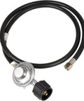 Five Foot Propane Regulator Hose Replacement Part For Outdoor Gas Water Heaters And Grills Three Eighth Inch Female Flare Nut Type One QCC1 Connection Brass Hose Up To Eighty Thousand BTU, showing black hose, regulator, and fittings.