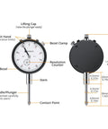 Dial Indicator 0-1 Inch With 0.001 Inch Resolution And Magnetic Base, On-Point Readouts, Secure Locking With Metal Limit Switch, 132 Lb And 60 Kg Hold, Ideal For Machining, Calibration, And Tight Tolerances. front and back view with labeled parts