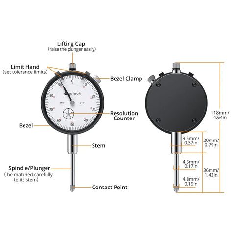 Dial Indicator 0-1 Inch With 0.001 Inch Resolution And Magnetic Base, On-Point Readouts, Secure Locking With Metal Limit Switch, 132 Lb And 60 Kg Hold, Ideal For Machining, Calibration, And Tight Tolerances. front and back view with labeled parts