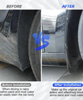 Comparison image showing Tesla Model 3 Mud Flaps Set Of Four Front And Rear Splash Guards Custom Fit before and after installation.