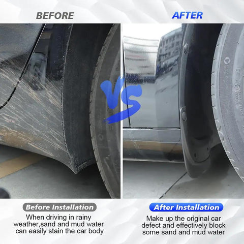Comparison image showing Tesla Model 3 Mud Flaps Set Of Four Front And Rear Splash Guards Custom Fit before and after installation.