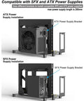 Open Air PC Test Bench Frame For DIY Rig Builds Heavy Duty Steel Desktop Chassis Rack Stand Fits ATX ITX MATX Motherboards Black Powder Coated 2mm Steel Compact 300x182x347mm Profile, featuring ATX and SFX power supply installation.