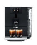 Smooth Operator Fully Automatic Coffee Machine Featuring A Smart Touchscreen And One Touch Milk Drinks In Polished Metropolitan Black with two coffee drinks ready.
