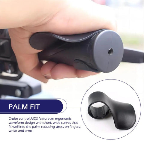 Heavy Duty Slick Motorcycle Cruise Control Grip And Throttle Assist Gear For Smooth Cruising Universal Handlebar Accelerator Booster With No Sweat Setup In Black held in hand showcasing ergonomic design.