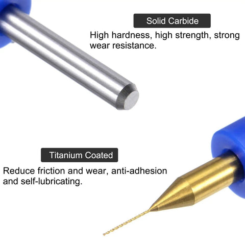 Close-up of Ten Piece PCB Drill Bit Set 0.3mm Titanium Coated Carbide Micro Twist Bits with labeled features.