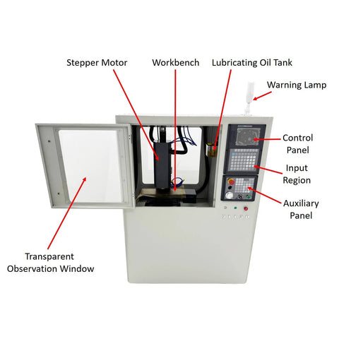 Open view of the Programmable CNC Milling And Drilling Machine With 157.75 Inch By 5.51 Inch Workbench featuring control panel and parts.