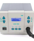 Front view of hot air rework station with digital temperature control and thermal blower for PCB repair and electronics soldering.