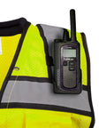 Class 2 High Visibility Safety Vest In Neon Green With Hella Breathable Mesh Back And No Sweat Neck Padding For Heavy Duty Construction Sites Demanding Top Tier ANSI Compliance with radio attached.