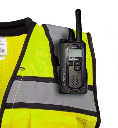 Class 2 High Visibility Safety Vest In Neon Green With Hella Breathable Mesh Back And No Sweat Neck Padding For Heavy Duty Construction Sites Demanding Top Tier ANSI Compliance with radio attached.