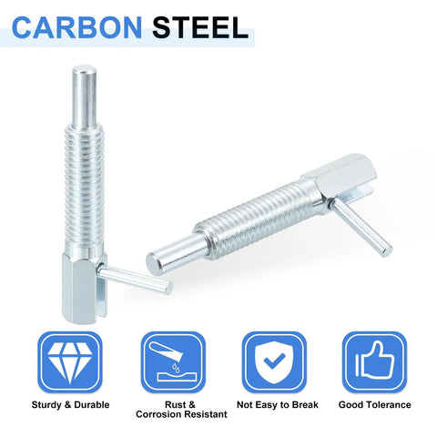 Heavy Duty Retractable Indexing Plunger Pin Four Pack Carbon Steel Spring Loaded Telescopic Locking Latch For Machinery And Shipbuilding Straight Up Tough No Sweat Setup M10 Thread Top Shelf Hardware close-up view of robust carbon steel plunger pins.
