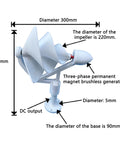 Micro Spiral Wind Turbine 50W 12V Three Phase Permanent Magnet Brushless Generator with DC output, dimensions labeled.
