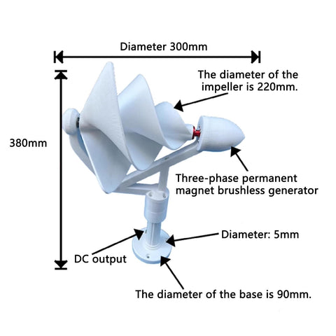 Micro Spiral Wind Turbine 50W 12V Three Phase Permanent Magnet Brushless Generator with DC output, dimensions labeled.