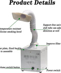 Slick Desktop Solder Fume Extractor Featuring A Solid 20W Brushless Motor And Three Layer Activated Carbon Filtration showing silicone hood and adjustable slub tube.