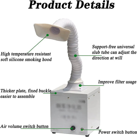 Slick Desktop Solder Fume Extractor Featuring A Solid 20W Brushless Motor And Three Layer Activated Carbon Filtration showing silicone hood and adjustable slub tube.