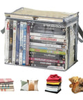 Clear Zippered Organizer Bags With Reinforced Handles Large Waterproof Storage Containers For Moving And Closet Organization Perfect For Books DVDs Blu Rays Clothing Weatherproof PVC Carrier 15 By 12.5 By 9.5 Inches showing DVDs inside.