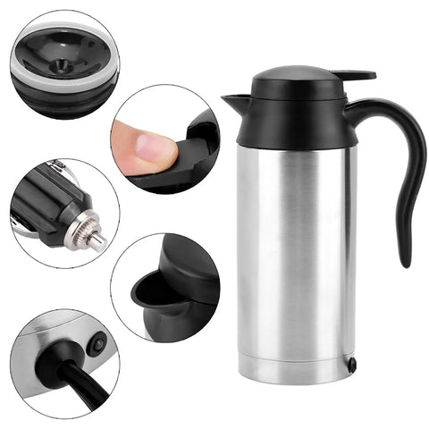 Portable Car Electric Kettle 750ml 24V Truck RV Compatible Hot Water Boiler with insulated handle and easy-pour spout.