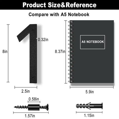 Size comparison of 8 Inch Floating Black House Numbers For Outside with A5 notebook and installation screws.