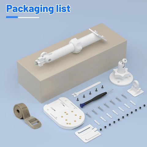 Packaging list for 2-In-1 Solar Panel And Camera Wall Mount With 360 Degree Rotation For Ring Stick Up Cam Spotlight Cam Plus Pro Blink Arlo Eufy Wyze And More No-Fuss All-In-One Weatherproof Mount With Easy Adjustability And Unified Cable Management, showing assembly components.