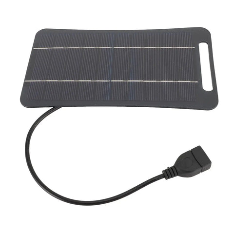 Your Go To Portable 5V 5W USB Solar Panel High Efficiency Monocrystalline Silicon Solar Charger With USB Output For Camping Travel Outdoor Home Lighting Small Power Black, showing a black panel with USB cable.