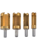 Pro Grade Titanium Plated Wood Plug Cutter Drill Bit Set With Straight And Tapered Heads For smooth counterbore finishing, 4 pcs.