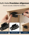 Installing Beefy L Shaped Corner Brackets For Cabinets And Shelves, Multi Hole Metal Angle Brackets with screwdriver in wood furniture