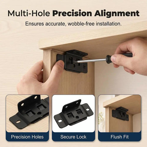Installing Beefy L Shaped Corner Brackets For Cabinets And Shelves, Multi Hole Metal Angle Brackets with screwdriver in wood furniture