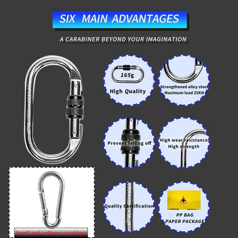 Beefy Heavy Duty Steel Carabiner Clip Set Rated 25kN 5600lbs with features like high quality and wear resistance shown