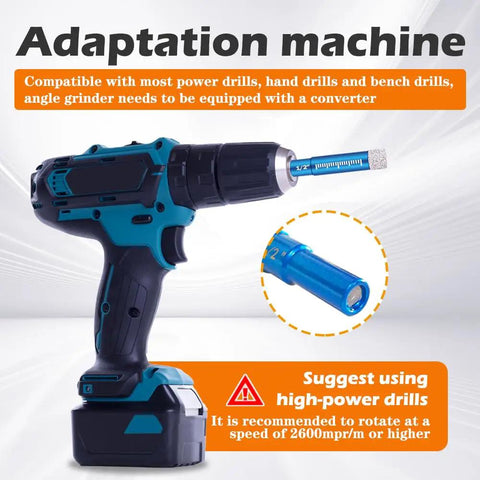 Cordless power drill with 7 Piece Diamond Drill Bits Set For Tiles And Stone, Pro Grade Tile Drills attached, blue dry diamond drills with cooling wax