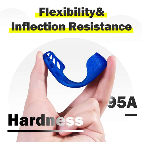 Flexible TPU Filament 1.75mm 95A high elasticity, clear blue material held between fingers, showcasing flexibility and hardness.