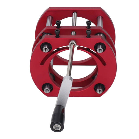 Heavy Duty Router Table Lift System Fits 64 66 Mm Motors, red aluminum base with lever and adjustment rods for woodworking.