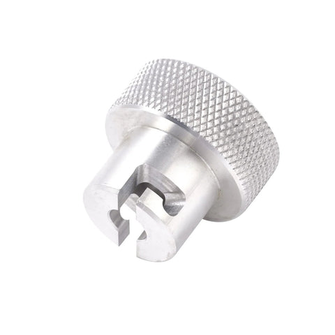 Bottle jack valve knob, knurled silver 6061 aluminum, close-up view