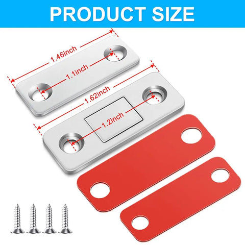 Four Pack Ultra Thin Magnetic Door Catch Set With 3.7mm Stainless Steel Magnets Delivers 15Lb Hold size dimensions and components.