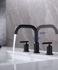 8 Inch Two Handle Widespread Matte Black Bathroom Faucet with 360 Swivel Spout for 3 Hole Sinks installed and running water