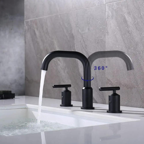 8 Inch Two Handle Widespread Matte Black Bathroom Faucet with 360 Swivel Spout for 3 Hole Sinks installed and running water