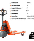 3300 Lb Electric Pallet Jack With 48 Inch Forks And Lithium Battery Powered Walking Truck For Warehouse Shipping specifications display.