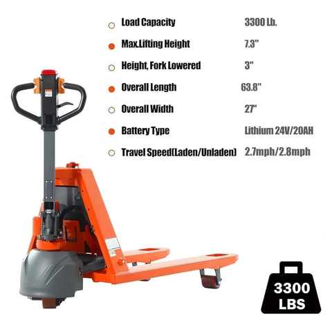 3300 Lb Electric Pallet Jack With 48 Inch Forks And Lithium Battery Powered Walking Truck For Warehouse Shipping specifications display.