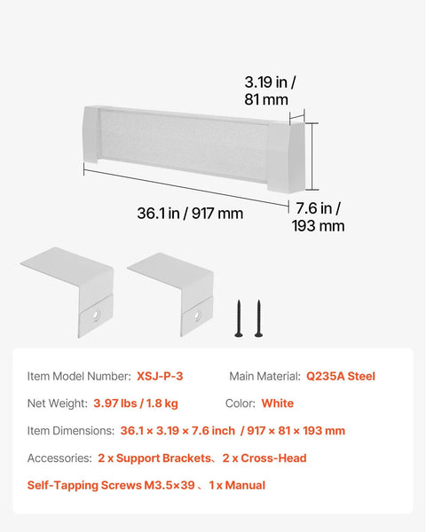 Beefy Heavy Duty 3 Ft Baseboard Heater Cover with white steel front, dimensions 36.1 x 3.19 x 7.6 inches, accessories included