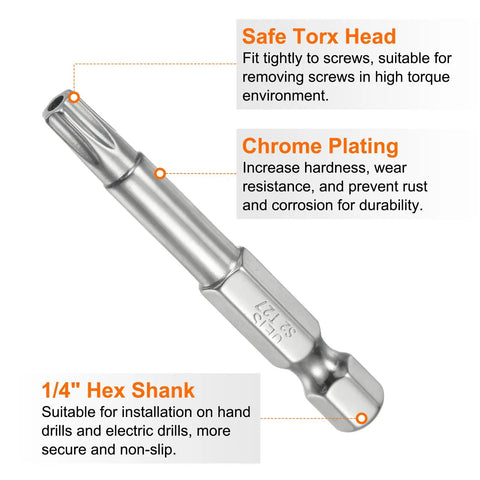 Heavy Duty T27 Security Torx Bits 1/4 Inch Hex Shank 2 Inch Long S2 Steel magnetic screwdriver head with central pin hole.